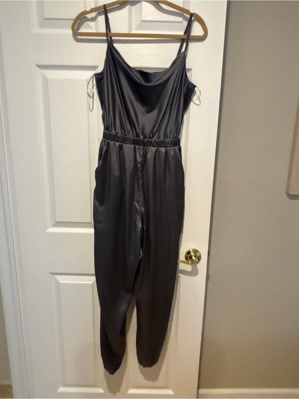 Satin Spaghetti Strap Dress in Charcoal Gray